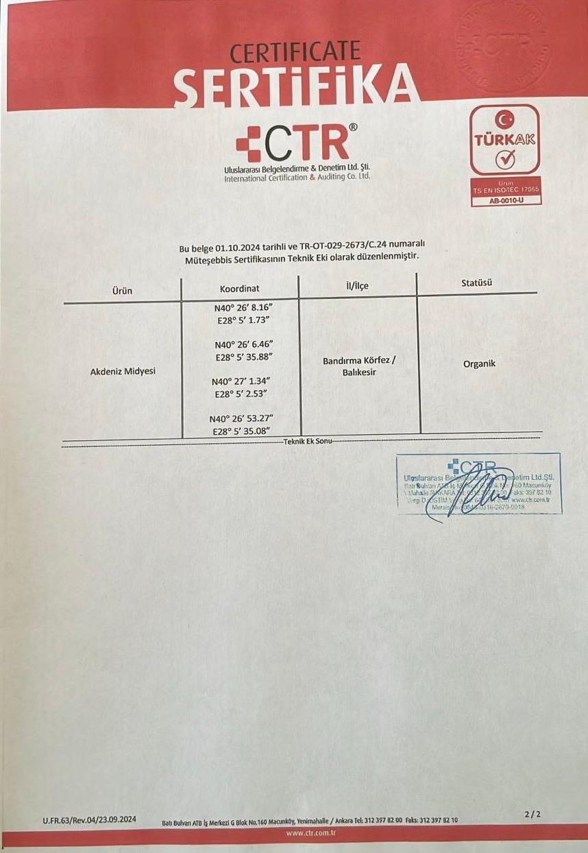 Kalite Sertifikası - Midye Limon®