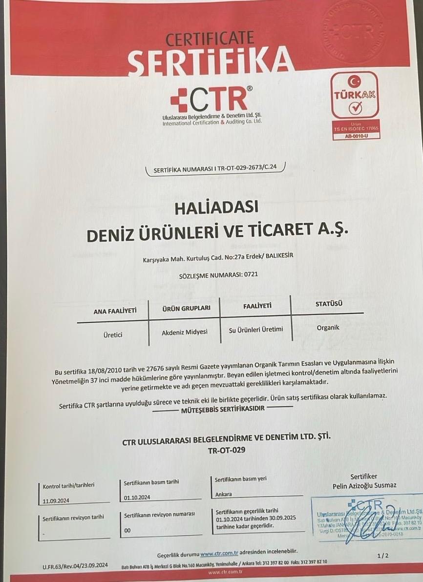 Kalite Sertifikası - Midye Limon®